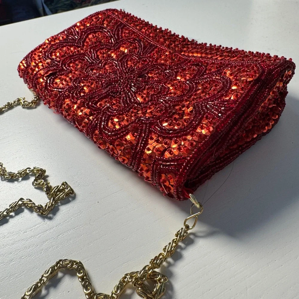 La Regale Vtg Red Beads Sequin Clutch Evening Bag Glam Wedding Guest Bridal Gala